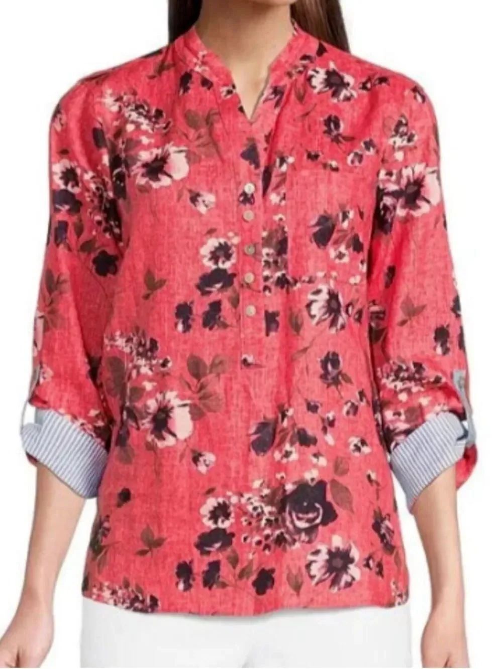 John Mark Floral Linen Blend Popover Blouse Salmon Pink Womens Small